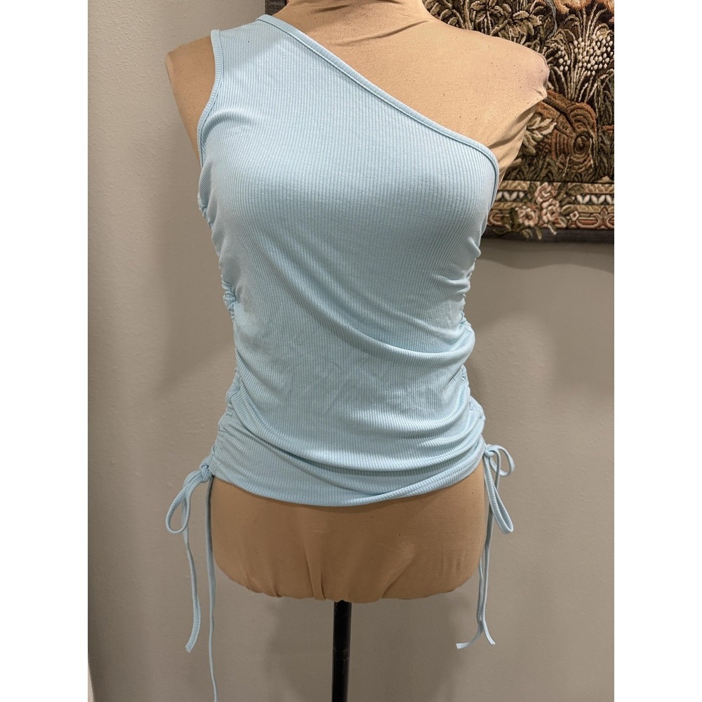 ChicMe Tank Top Womens Small Blue One Shoulder Ribbed Ruched Drawstring Side Tie
